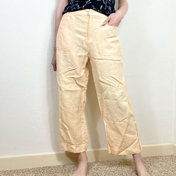 So Blue Sigrid Olsen Yellow 100% Linen Straight Leg Summer Pants Size 14 - Picture 7 of 7